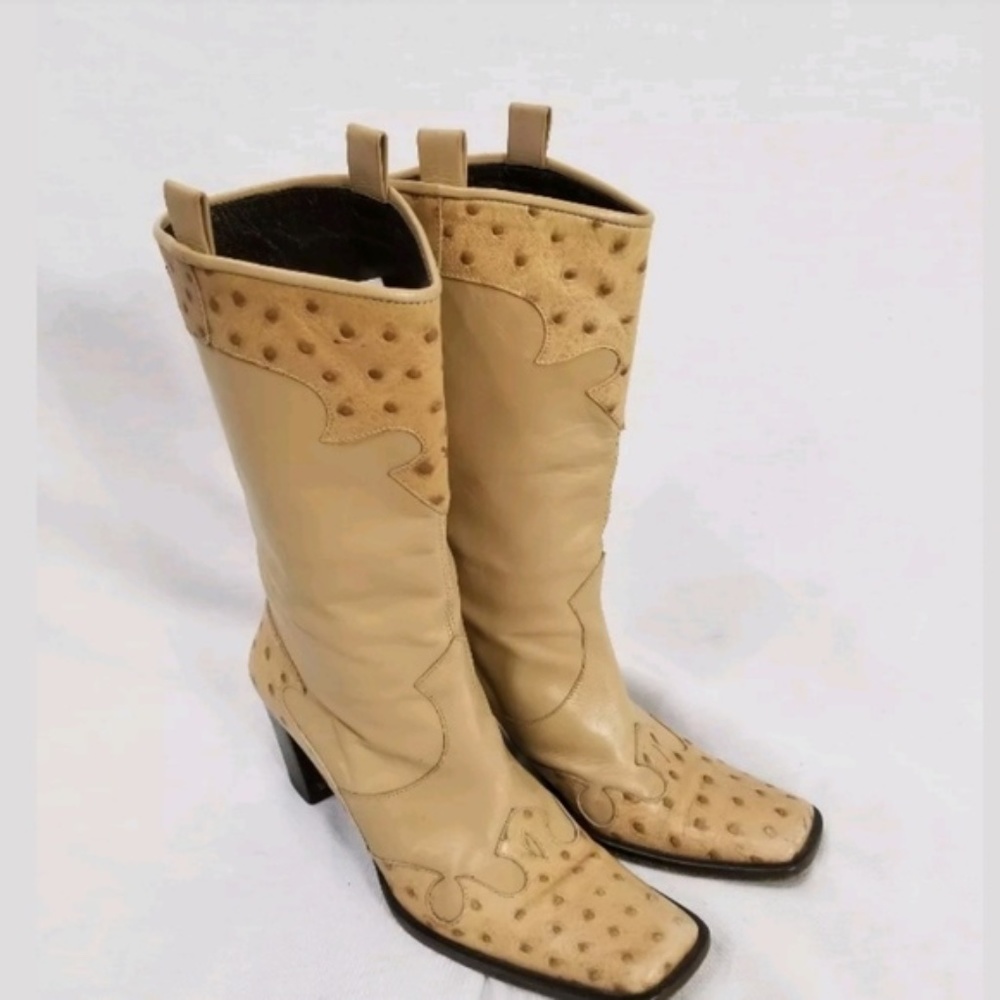Vintage western square toe ostrich leather boots